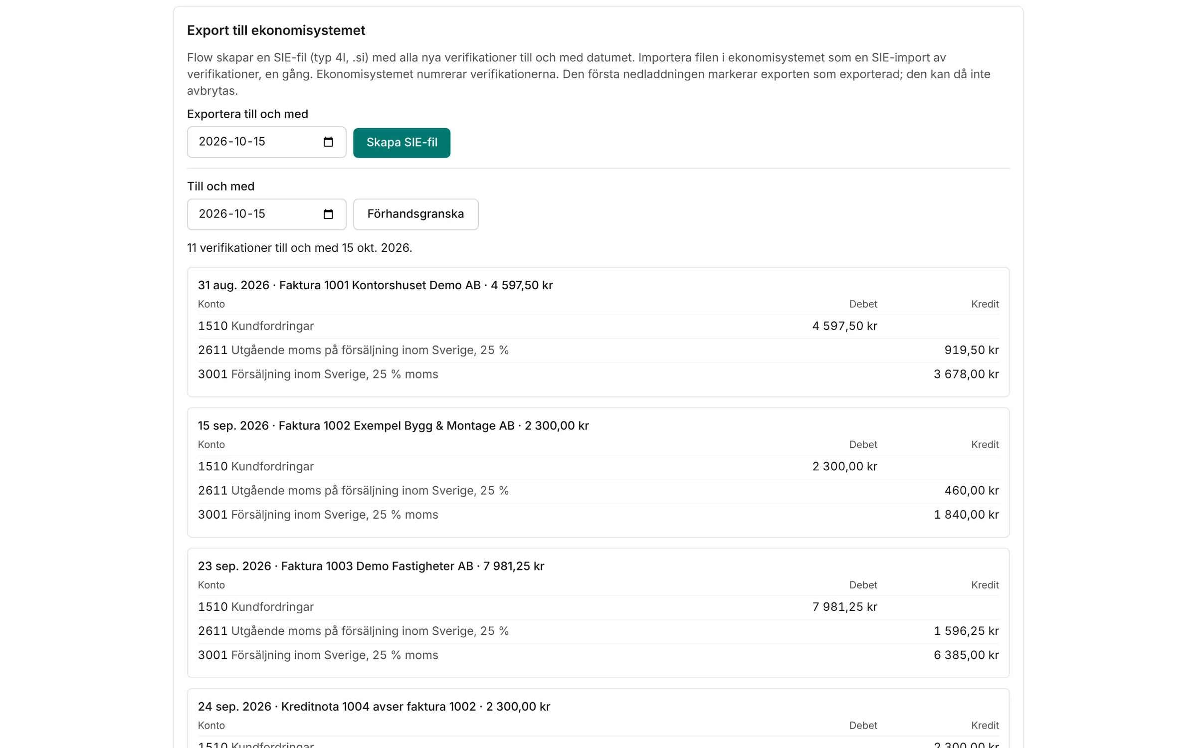 Bokföringssidan med export av bokföringsunderlag som SIE-fil.