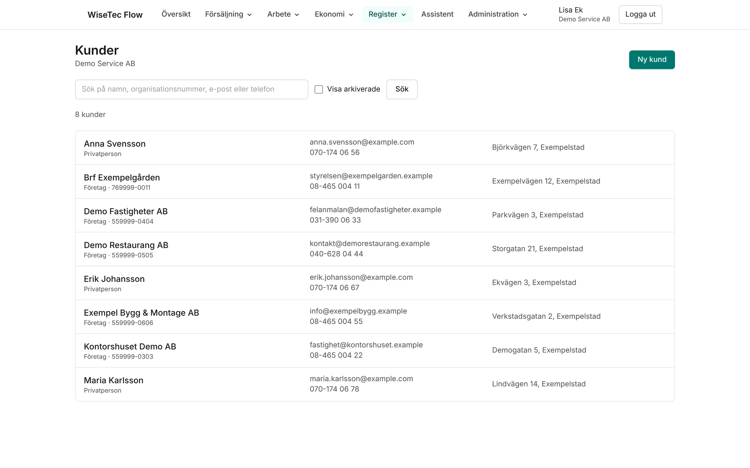 Kundregistret i WiseTec Flow med sökfält och en lista över fiktiva företags- och privatkunder.