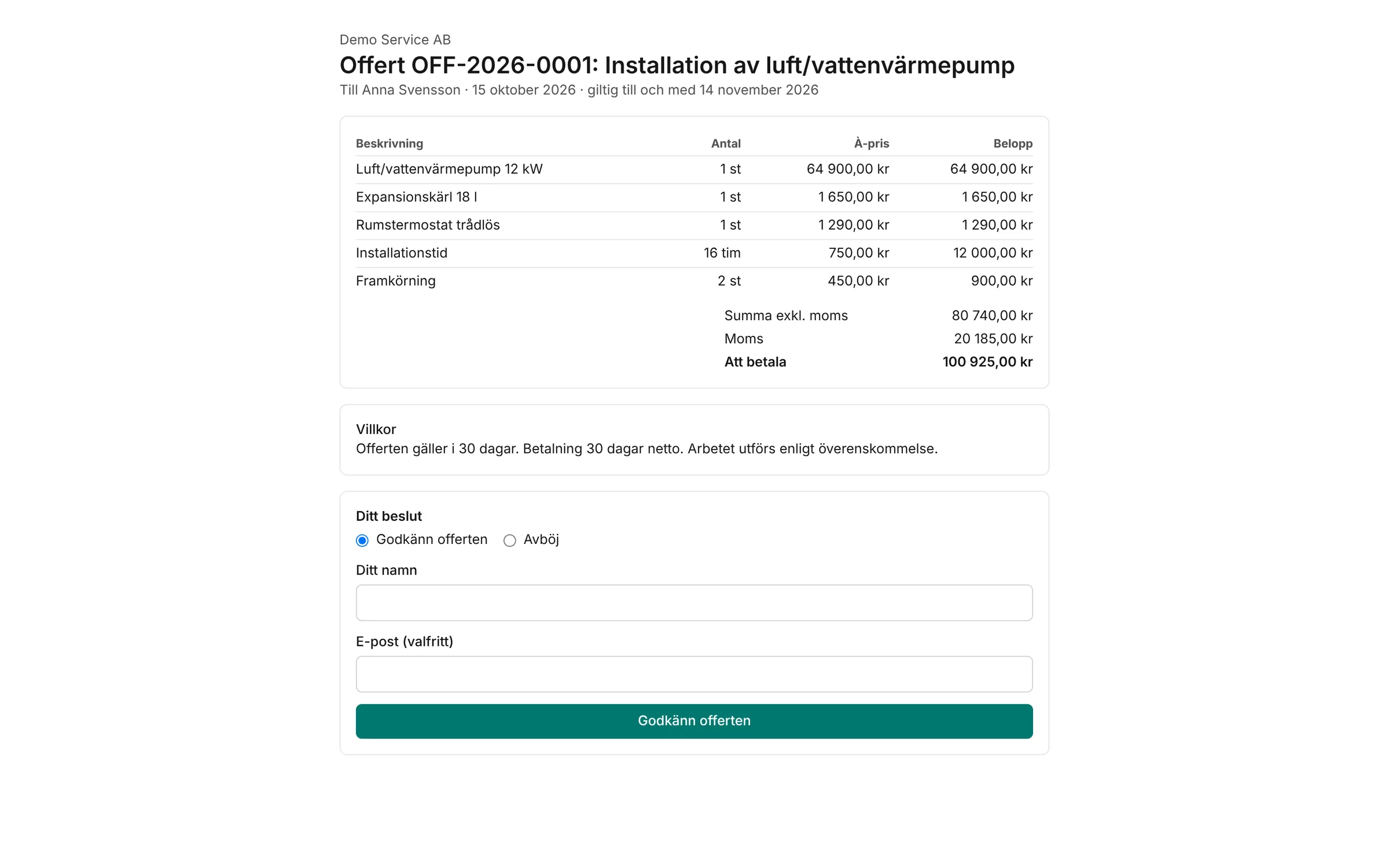 Kundens sida för att godkänna eller avböja en offert via en personlig länk.