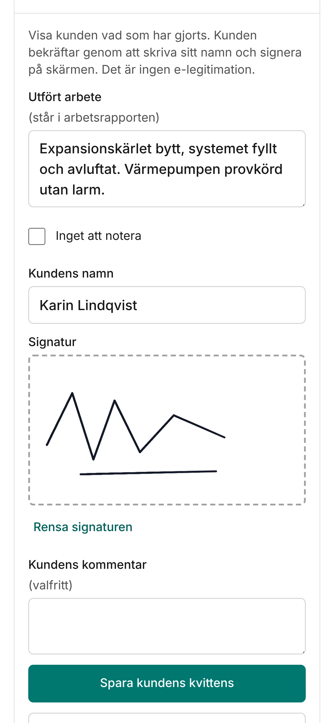 Kundens kvittens med namn och signatur i mobilen.