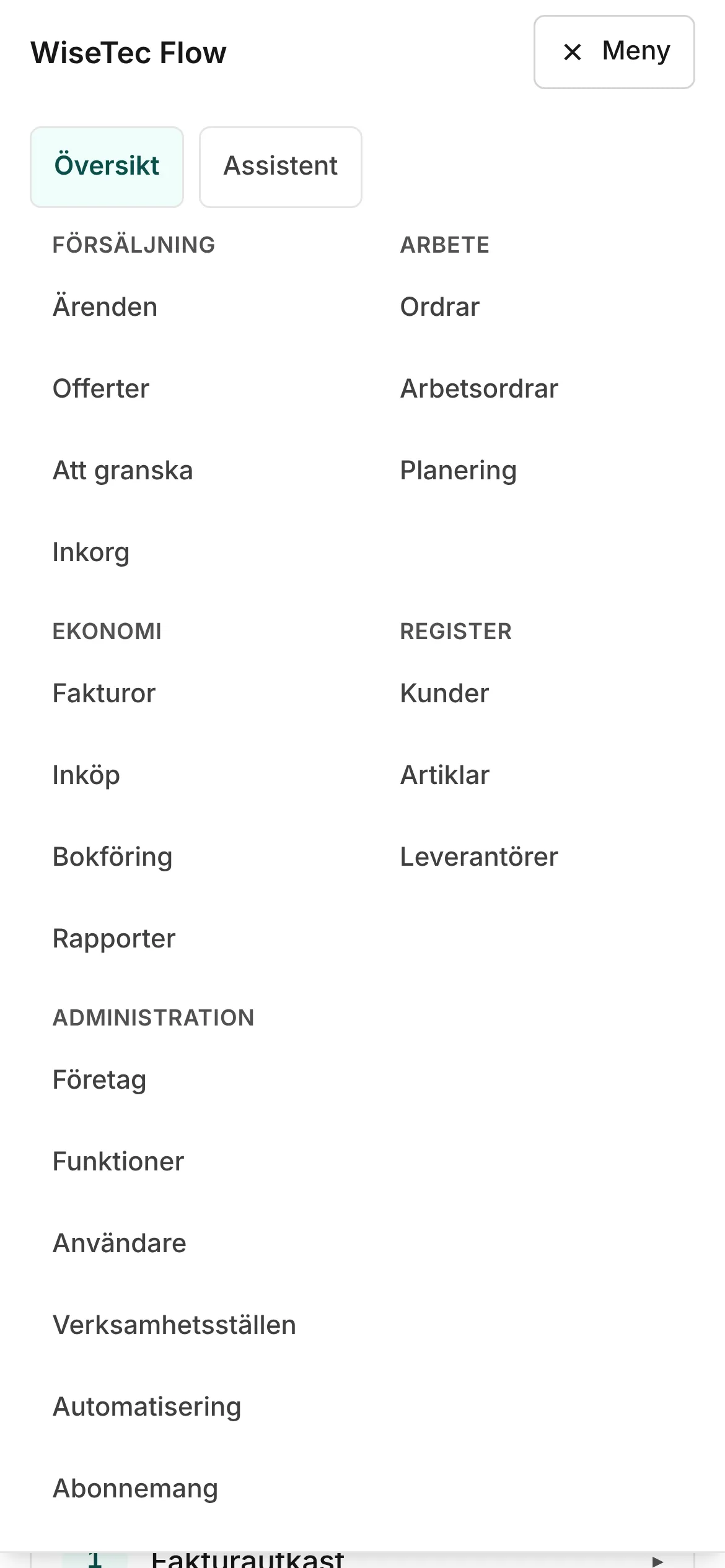 Menyn i mobilen med Försäljning, Arbete, Ekonomi och Register.