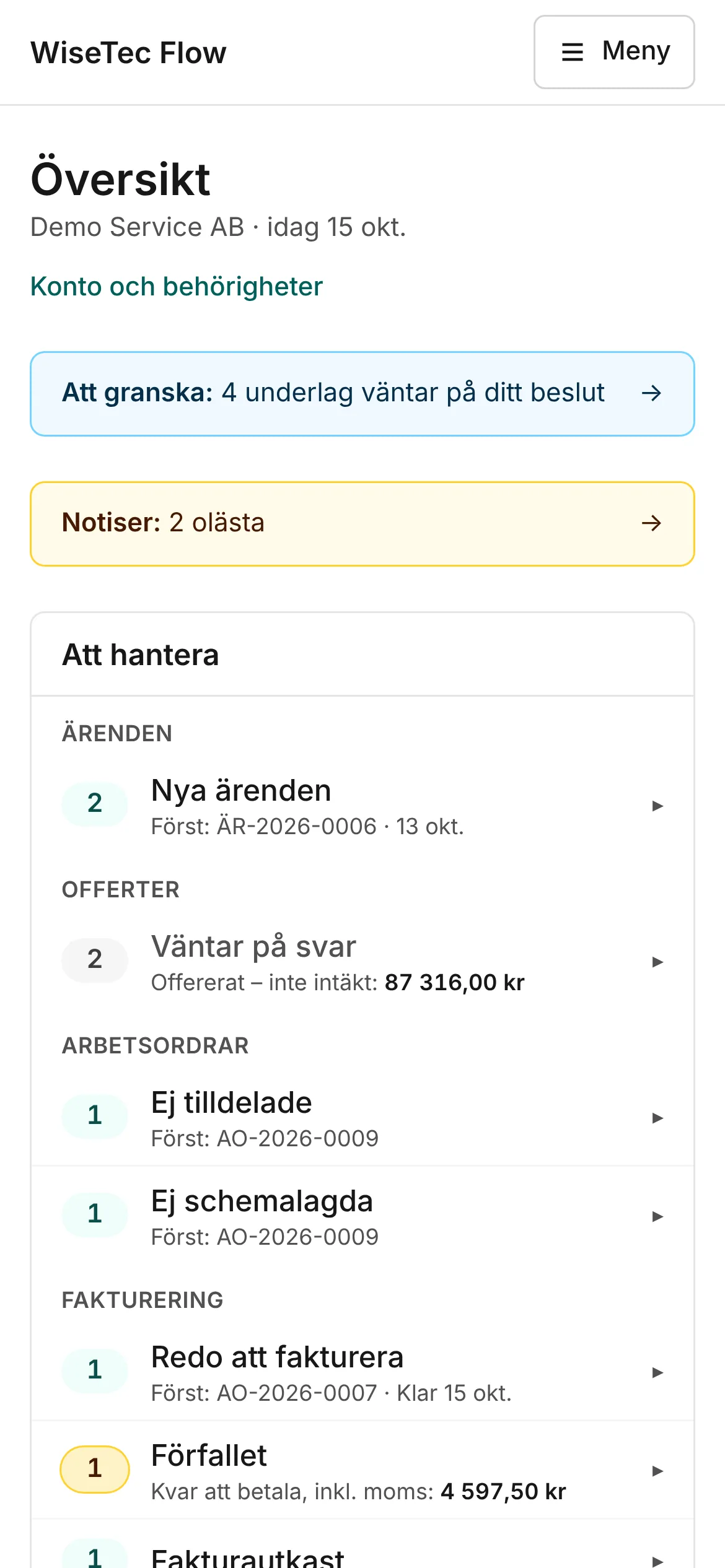 Översikten i mobilen.