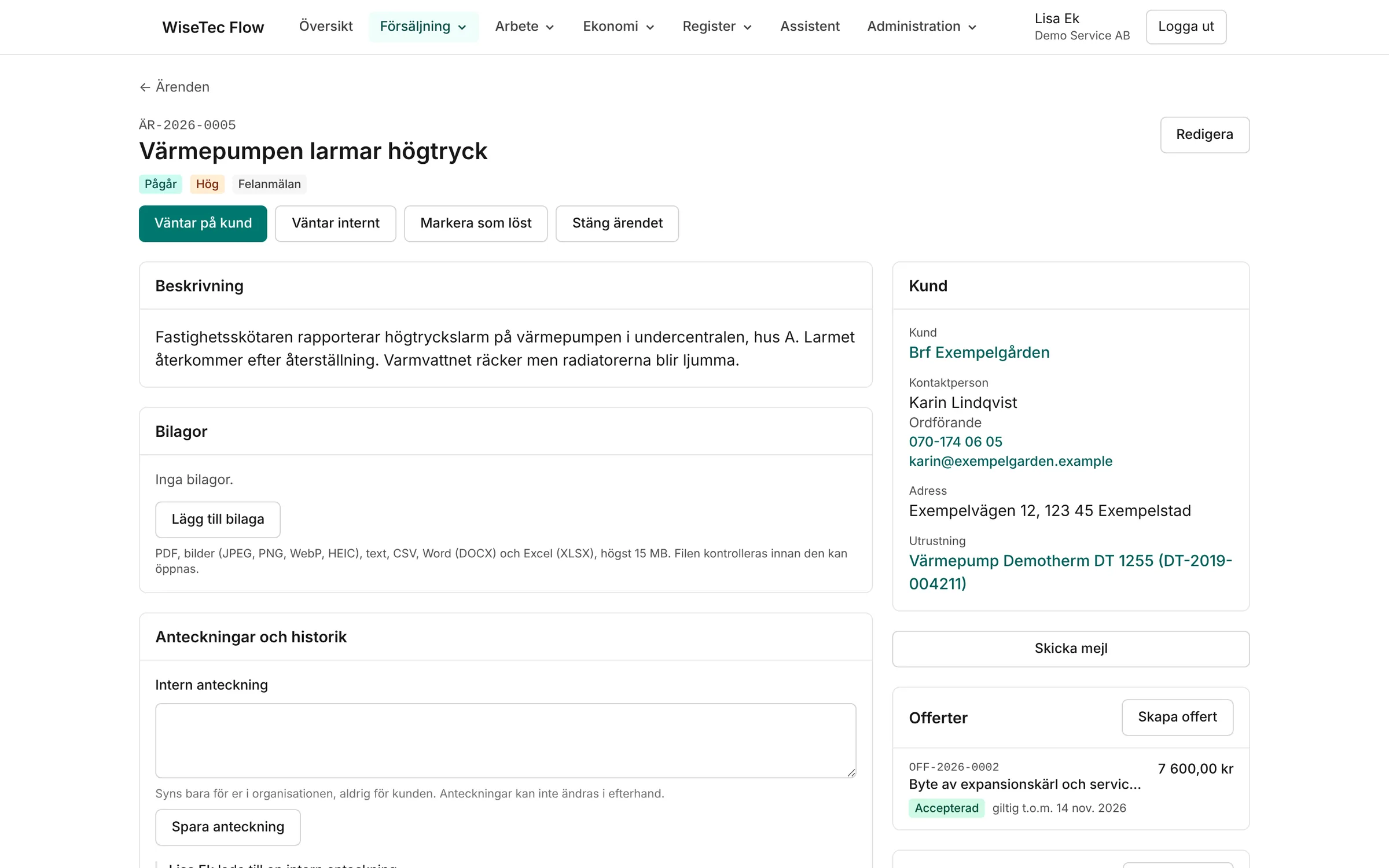 Ett ärende med beskrivning, anteckningar, historik och åtgärder.